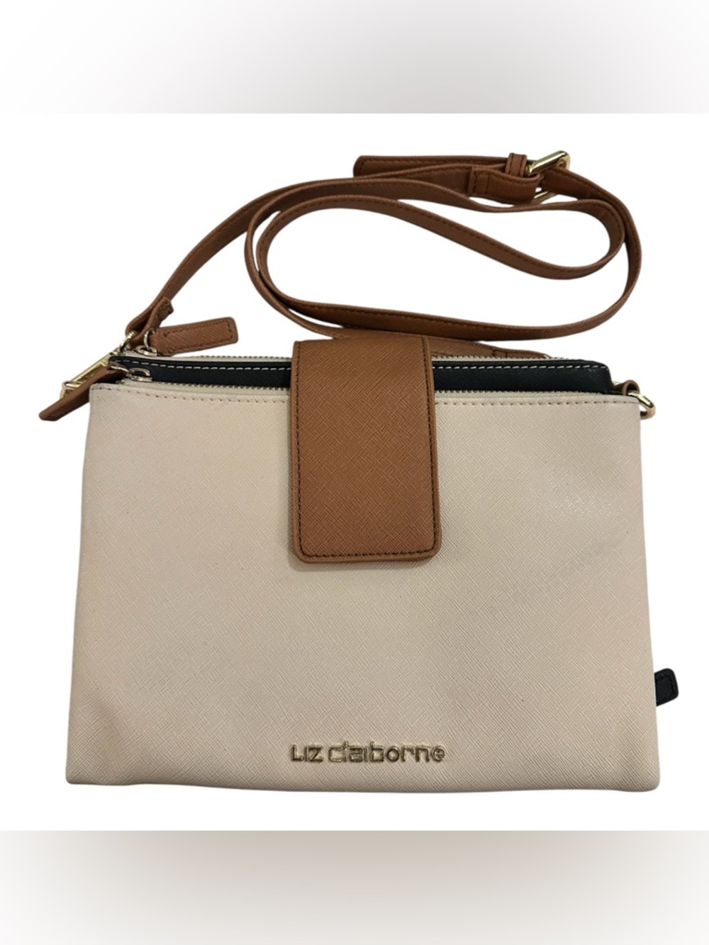 LIZ CLAIBORNE Crossbody Wallet Purse Beige Tan Colorblock Organizer Bag